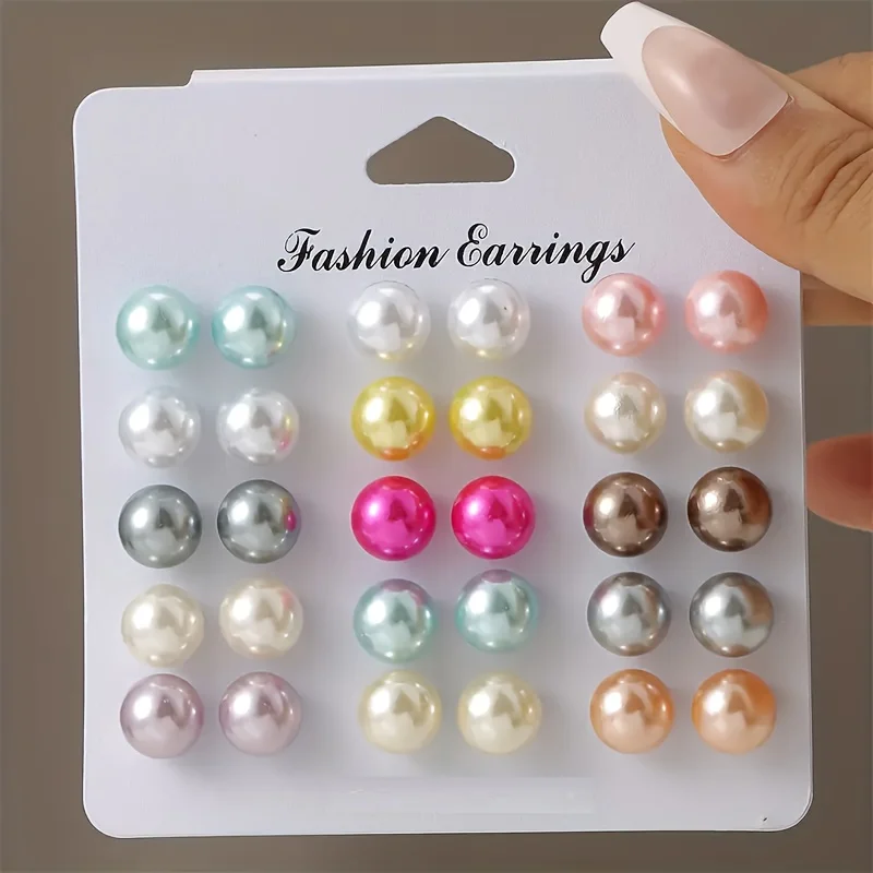 15 Pairs Korean Charm Multi Color Imitation Pearl Stud Earrings Trend Acrylic Ball Bead Earrings Women's Banquet Wedding Jewelry