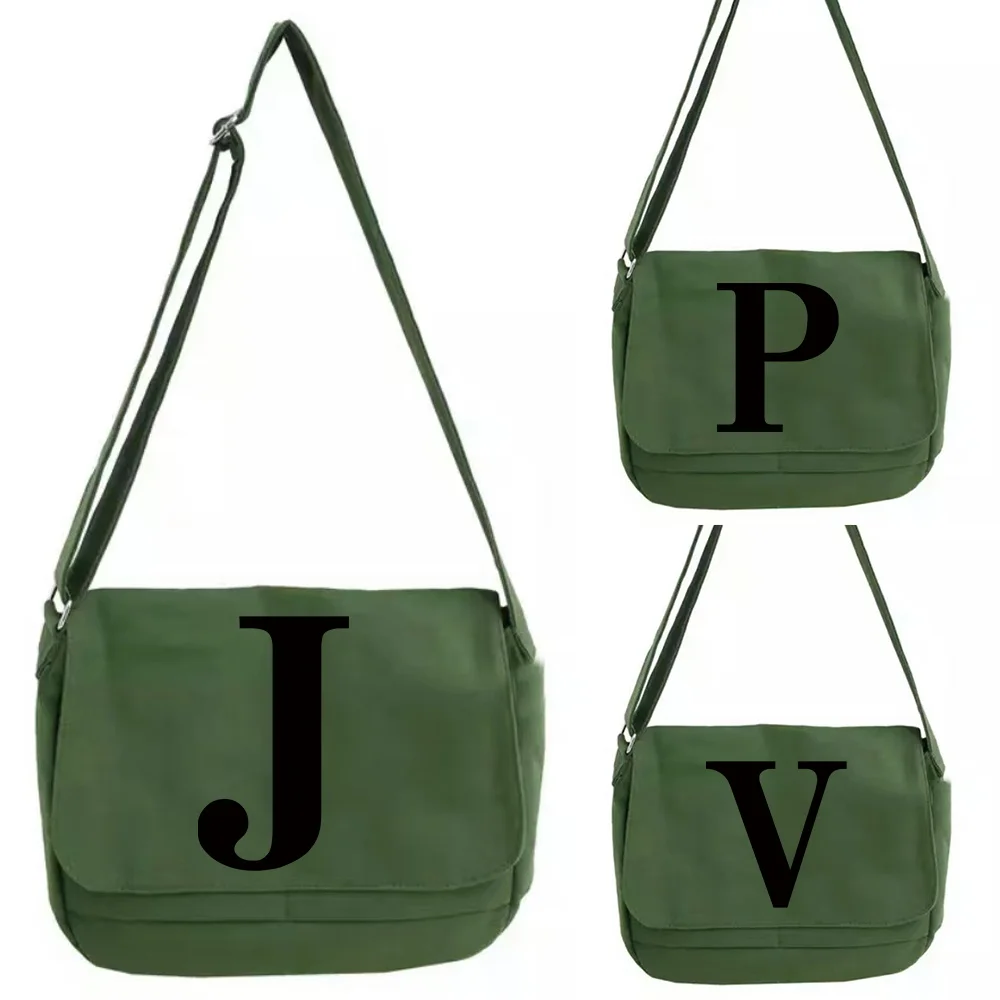 Large Capacity Shoulder Bags Green Canvas Leisure Travel Messenger Bag Black Initial Name Series for Women Crossbody Package