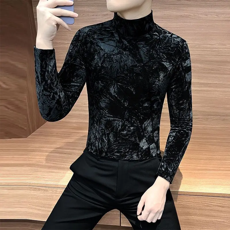 Half Turtle Neck Gold Velvet Base Shirt for Men's Trendy Brand Inner Wear Warm Long-sleeved T-shirt for Men