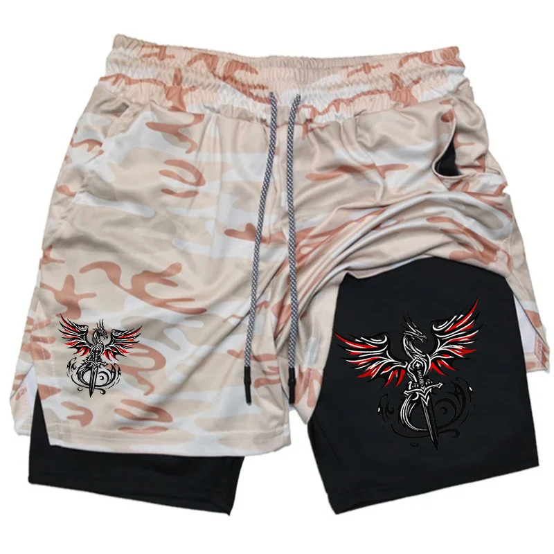 Sword and Dragon Print 2 in 1 Gym Workout Shorts for Men Quick Dry Stretchy Athletic Compression Shorts Fitness Running Jogging
