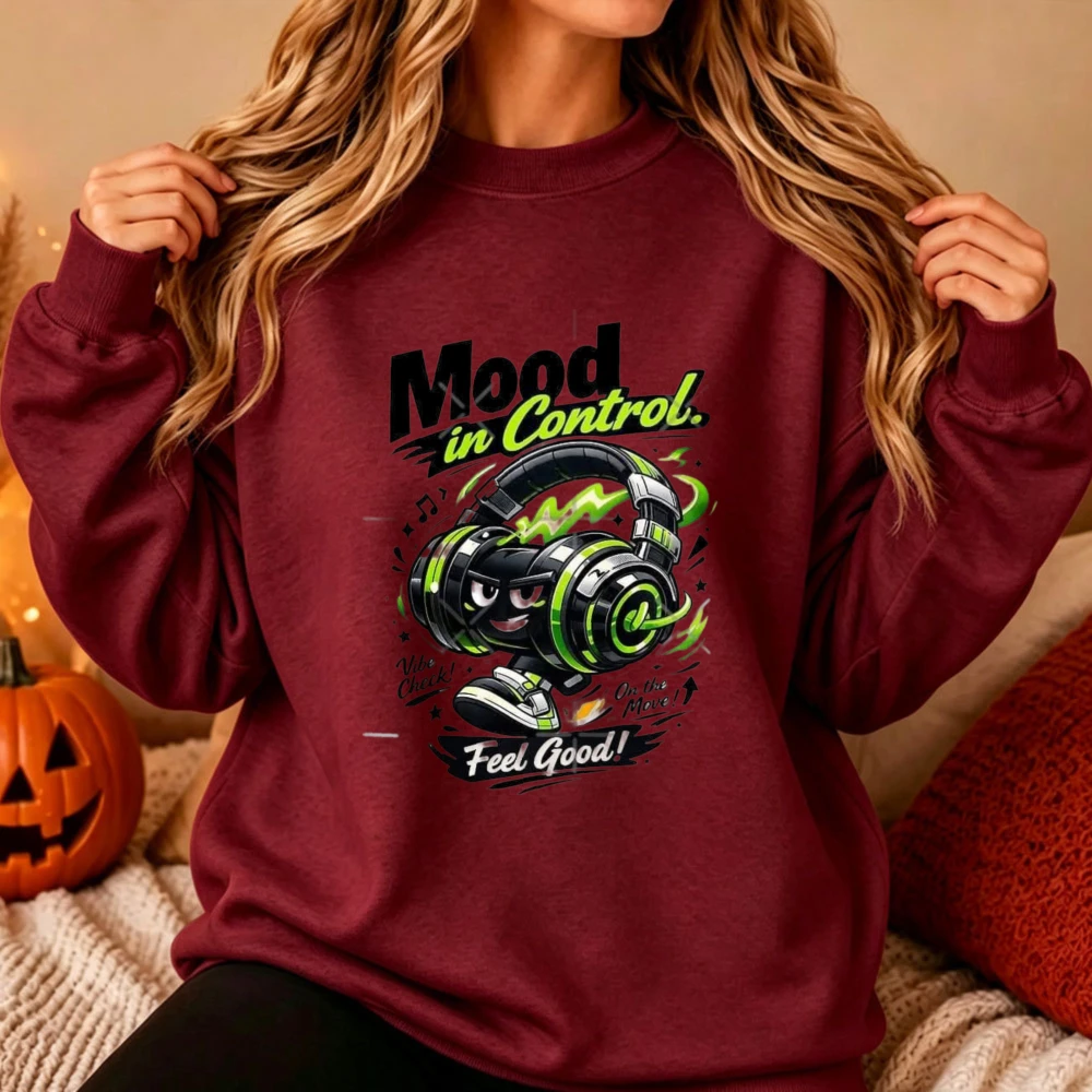 Mood in Control Feel Good Headphone Cartoon Character Graphic Crewneck Sweatshirt Music Streetwear Print Soft Casual Pullover