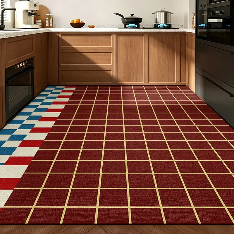 Modern Simple Plaid Kitchen Floor Mat PVC Leather Non-Slip Oil-Proof Rugs Waterproof Stain-Resistant Carpet Home Balcony Mats