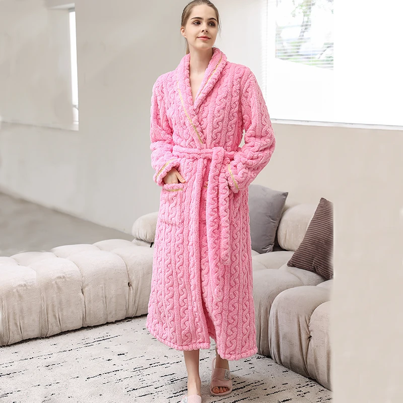 Coral velvet pajamas with thick and long nightgown women\'s autumn winter homewear bath plush bathrobe