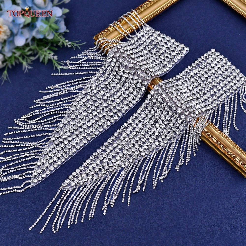 

TOPQUEEN Tassel Rhinestone Women's Shoulder Patch Wedding Dress Accessories Sewing Appliques Iron-On Jacket Shoulder Piece SP56