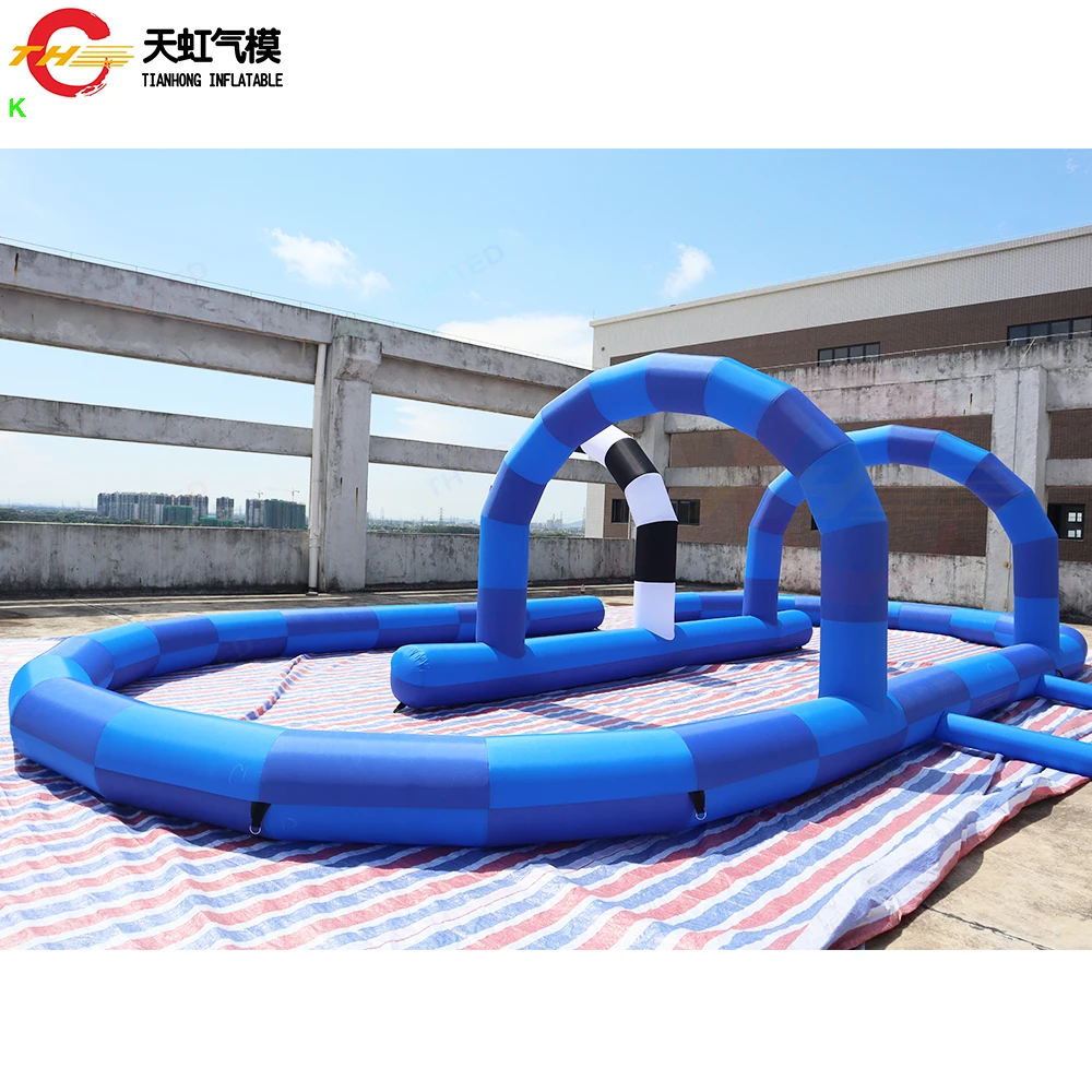 Pista de carreras de bola Zorb inflable azul, tela Oxford, pista de carreras de Gokart inflable con soplador, 12x6m, envío rápido por aire