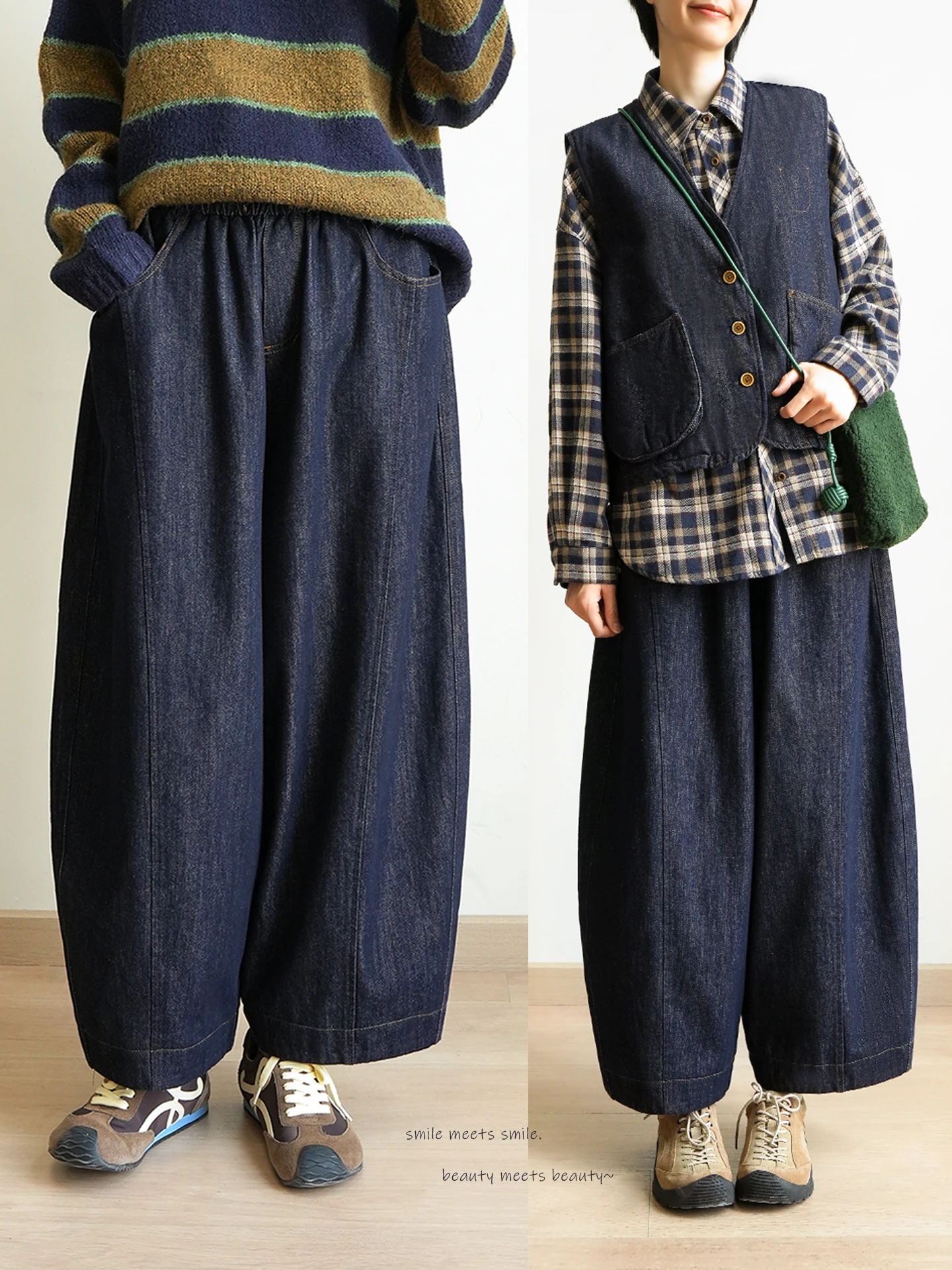 

Thiened Cotton Wide Leg Jeans Women's Elastic Waist Warm Cotton Casual Pants Winter Sle Loose Fit Straight Tube Trousers