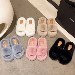 Fashion Women Fluffy Slippers Winter Warm Slippers Woman Flat Platform Slippers High Quality Furry Faux Fur Slides for Women 42