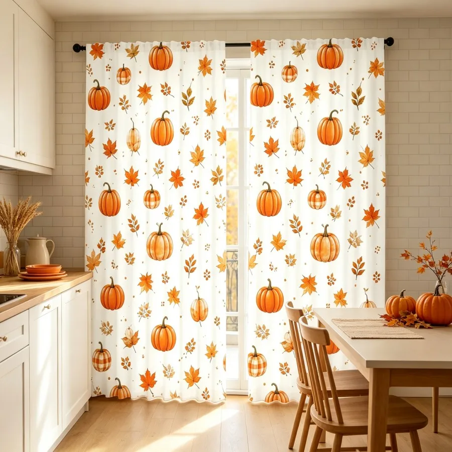 2PCS Digital Print Curtain, Watercolor Orange Pumpkins Maple Leaves, Autumn Harvest Thanksgiving for Home Window Decor