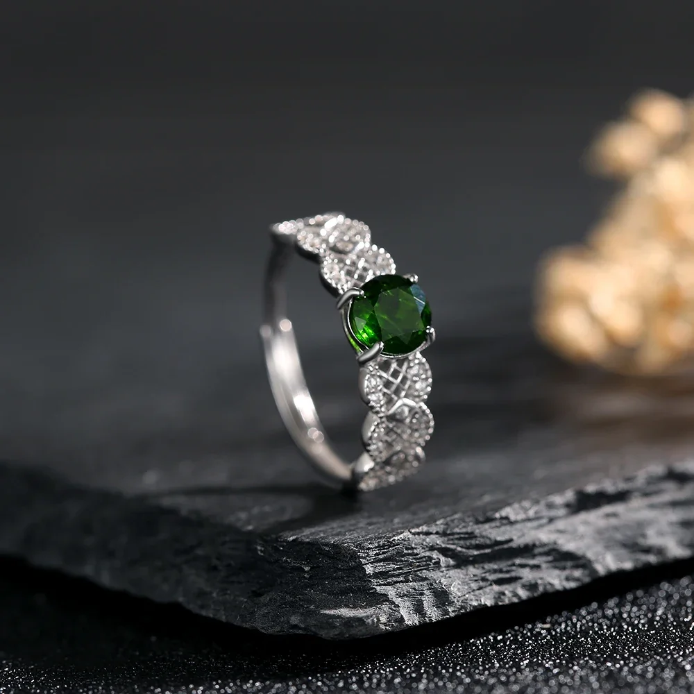 

925 Sterling Silver Adjustable Ring for Women 6.5mm Natural Diopside Gems Green Wedding Bands Hollow Design Jewelry Daily Wear
