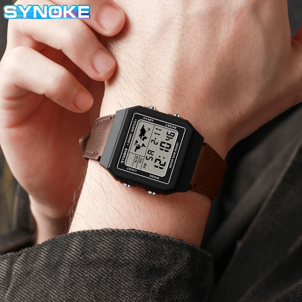 SYNOKE Leather Watch Outdoor Sports Multifunctional Waterproof Large Screen Display Luminous LED Digital For Men Retro Fashion