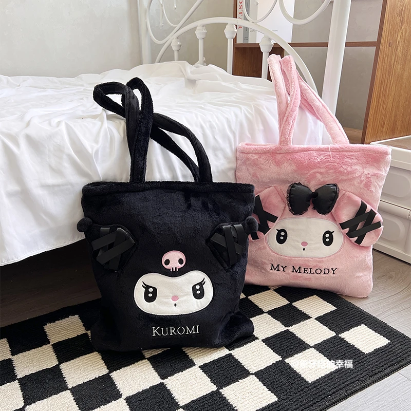 Sanrio Cute Lolita Kuromi My Melody Handbag Plush Bag Lovely Janpaese Style Shoulder Bag For Girl Student Black High-capacity