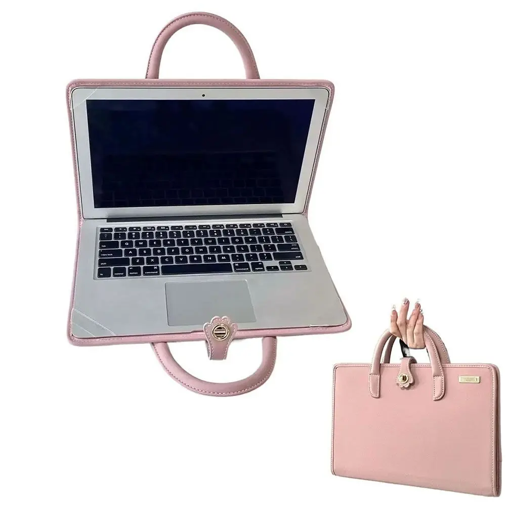 

Solid Pink Laptop Bag Top-Handle PU Laptop Sleeve Breathable 14-16 Inch Computer Protective Case for Girl