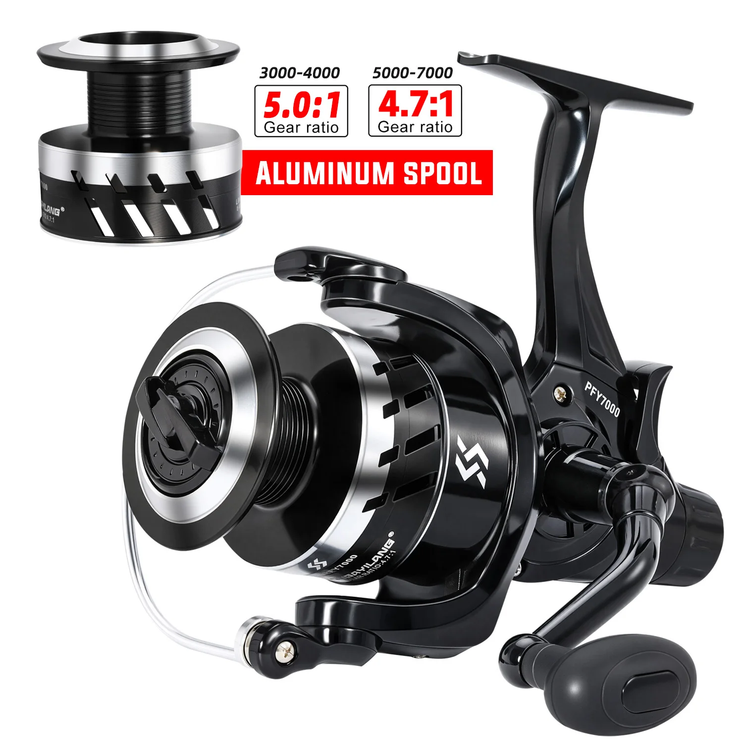Sougayilang Karpfenangelrolle Leistungsstarke 3000-7000er Spinnrolle mit Rücklaufbremse 5.0:1, max. 10 kg, Aluminiumspule