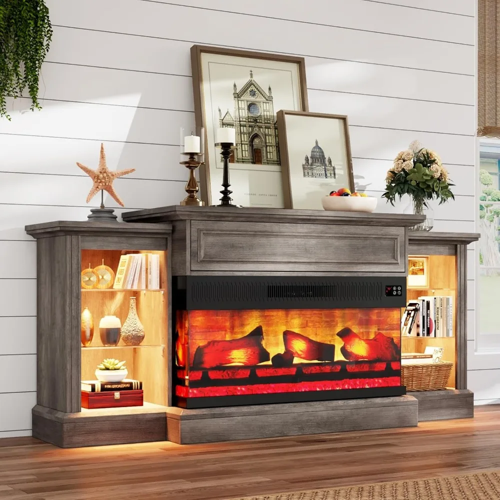 

Farmhouse 3-Sided Fireplace TV Stand for TVs up to 75 Inch, Entertainment Center with Adjustable Shelves & LED Light, Fireplaces