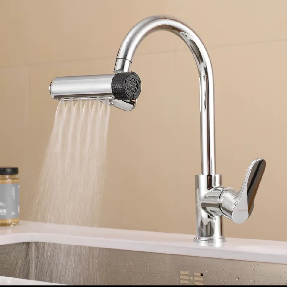 6 Modes Kitchen Faucet with Waterfall Spout Splash-Proof 360° Rotating Aerator Multi-Function Spout Extender Universal Design