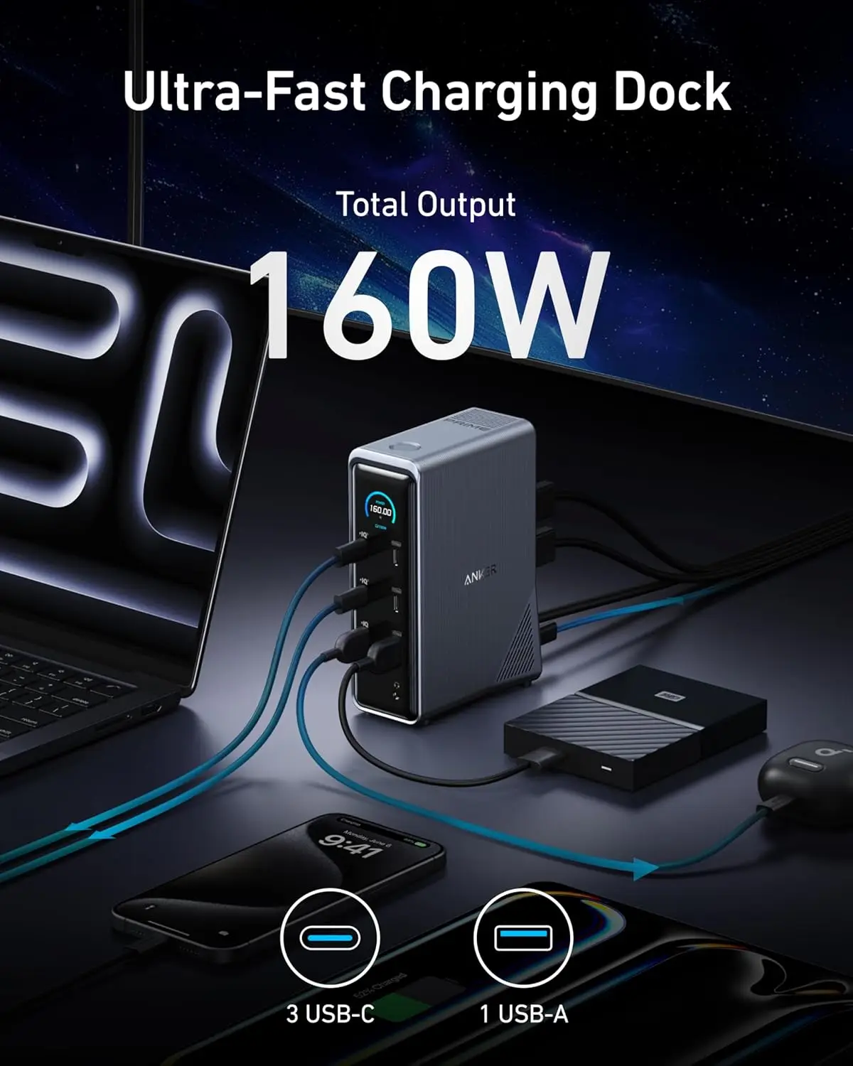 Anker Prime Docking Station, 14-Port with 160W Max Output, 10Gbps Fast Data Transfer, Real-Time Smart Interface - Image 3