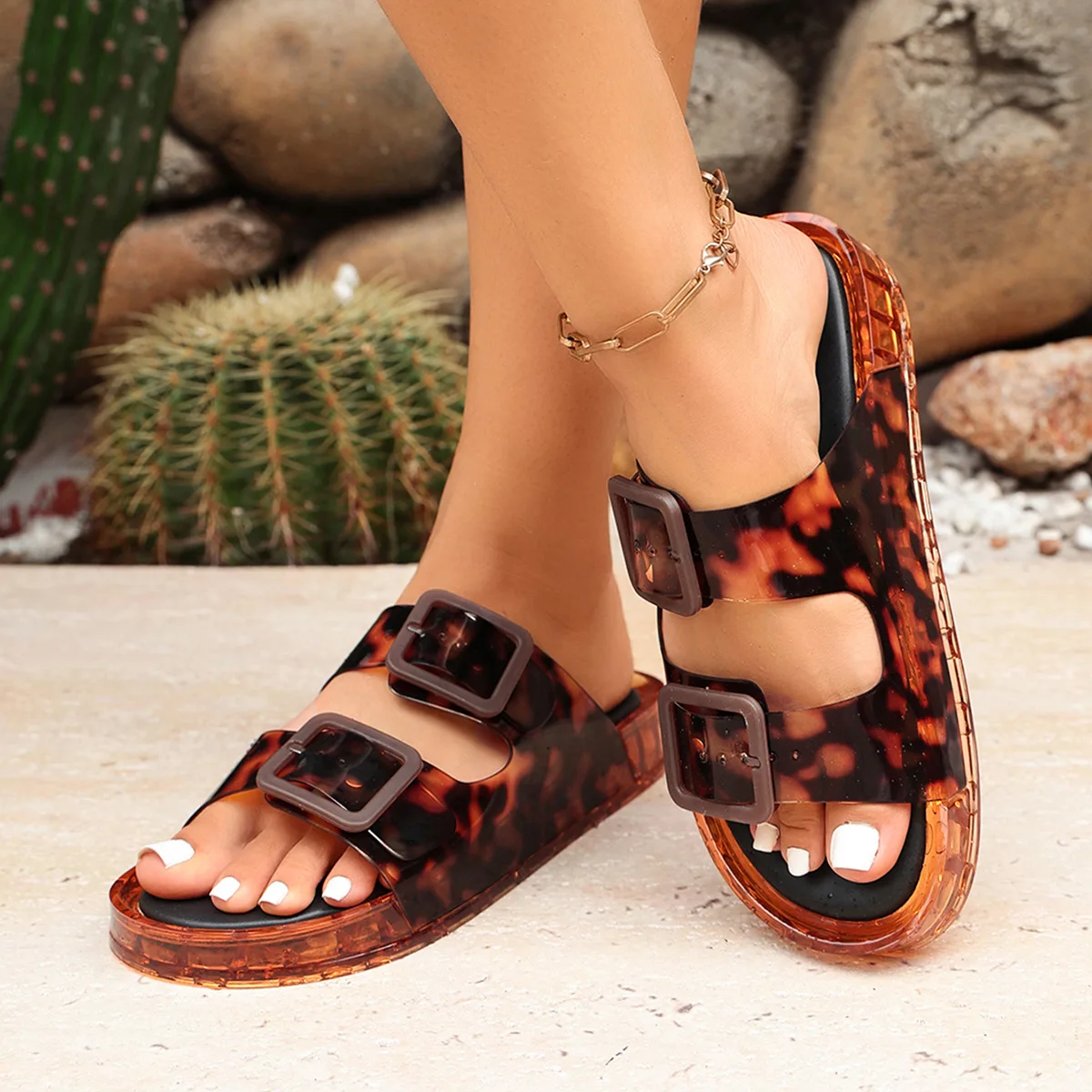 2026 Neue Damen-Leoparden-Jelly-Sandalen mit Doppelschnalle, Dicker Sohle, Rutschfest, Atmungsaktiv, für Outdoor und Strand, Modische Slides – Detail 8