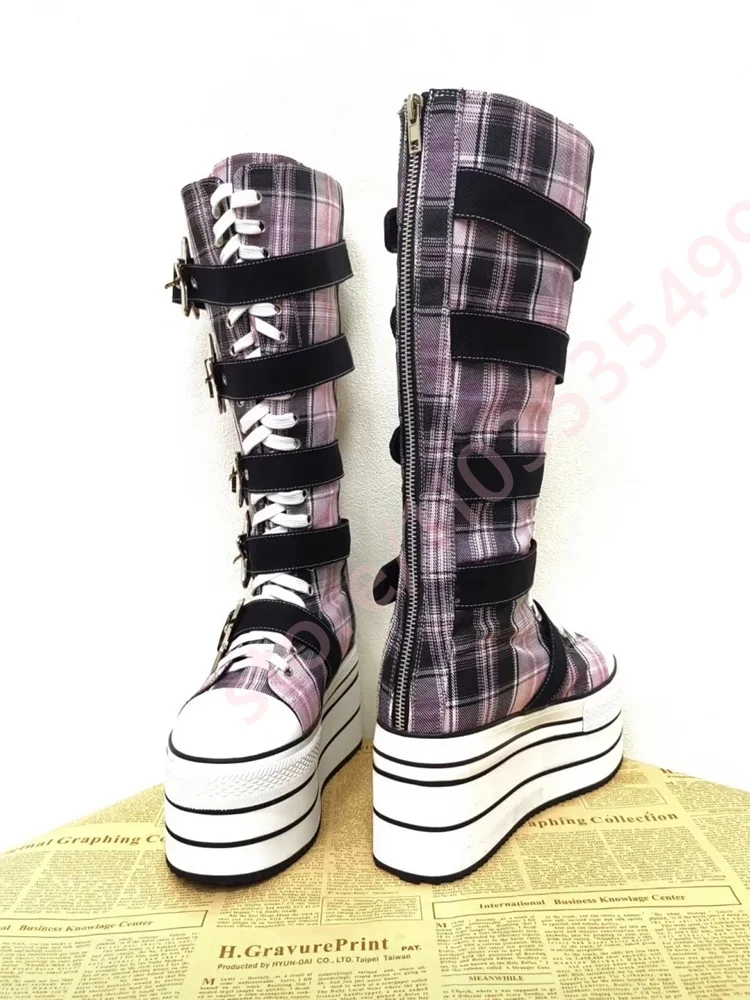 2026 Pink Plaid Knee High Platform Boots for Women Star Metal Buckle Multi Strap Lace Up Extreme Chunky Sole Goth Punk Boots
