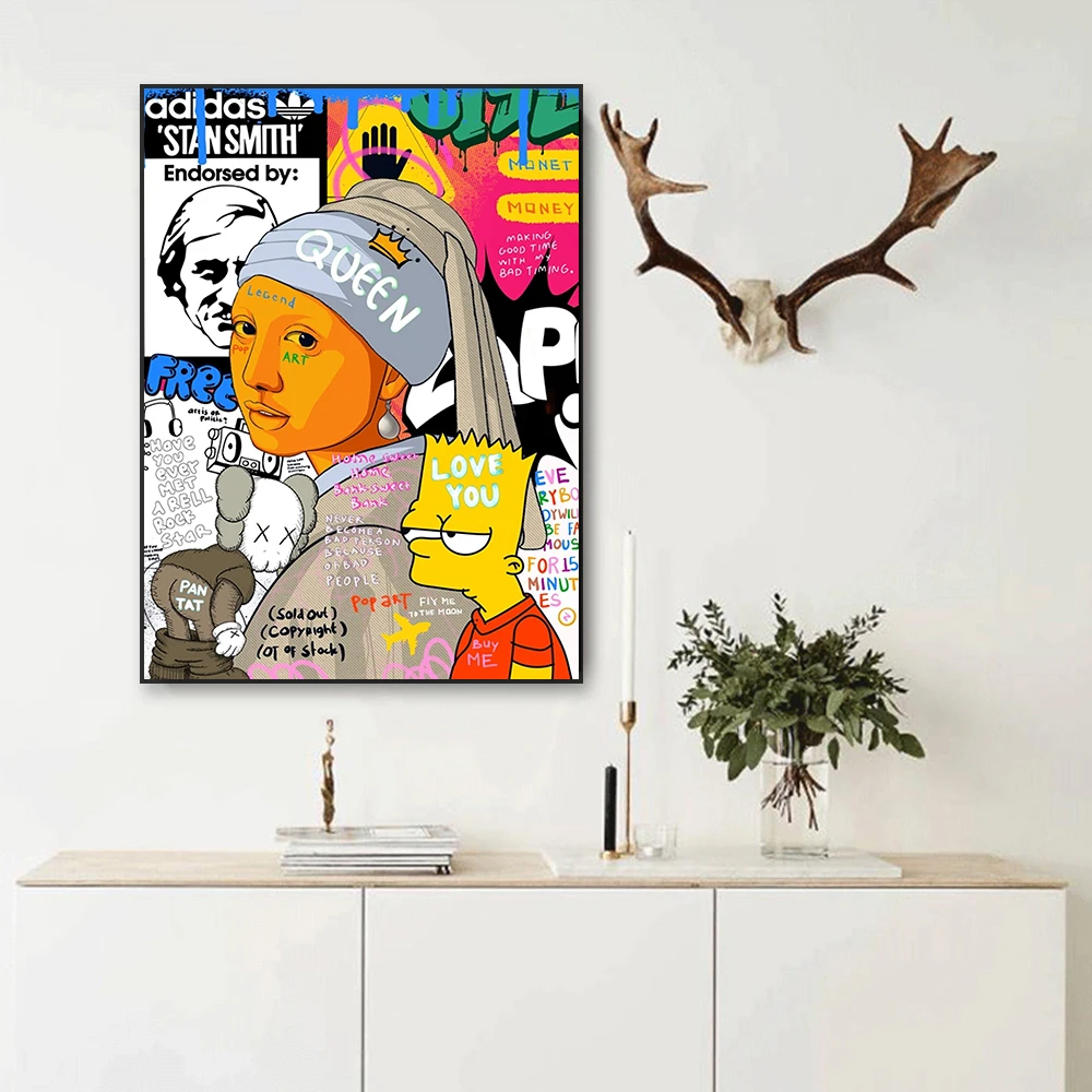 Abstract Girl with a Pearl Earring Poster Disney Cartoon Graffiti Wall Art Prints Funny The Simpsons Canvas Painting Home Decor