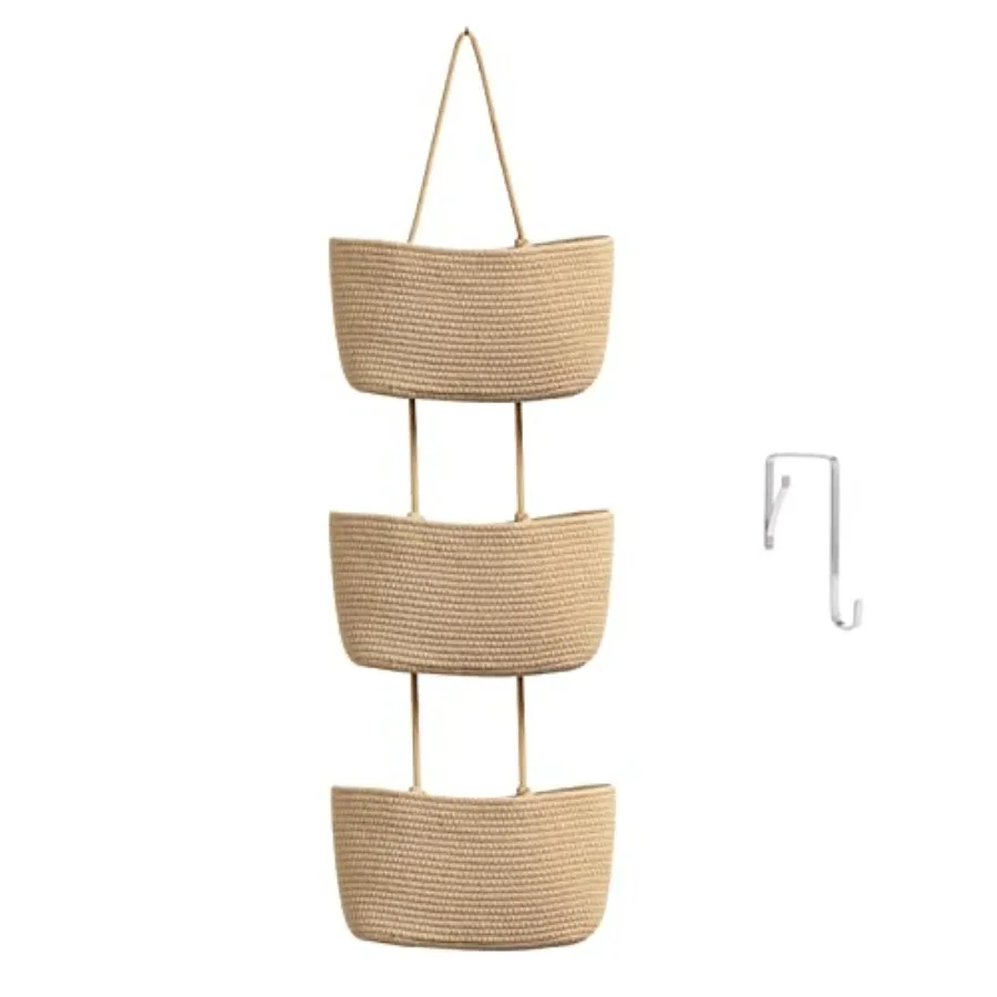 

Over the Door Hanging Basket, 3-Tier Woven Cotton Wall-Mounted Storage Organizer Bag Decorative Hanging Nursery Baskets