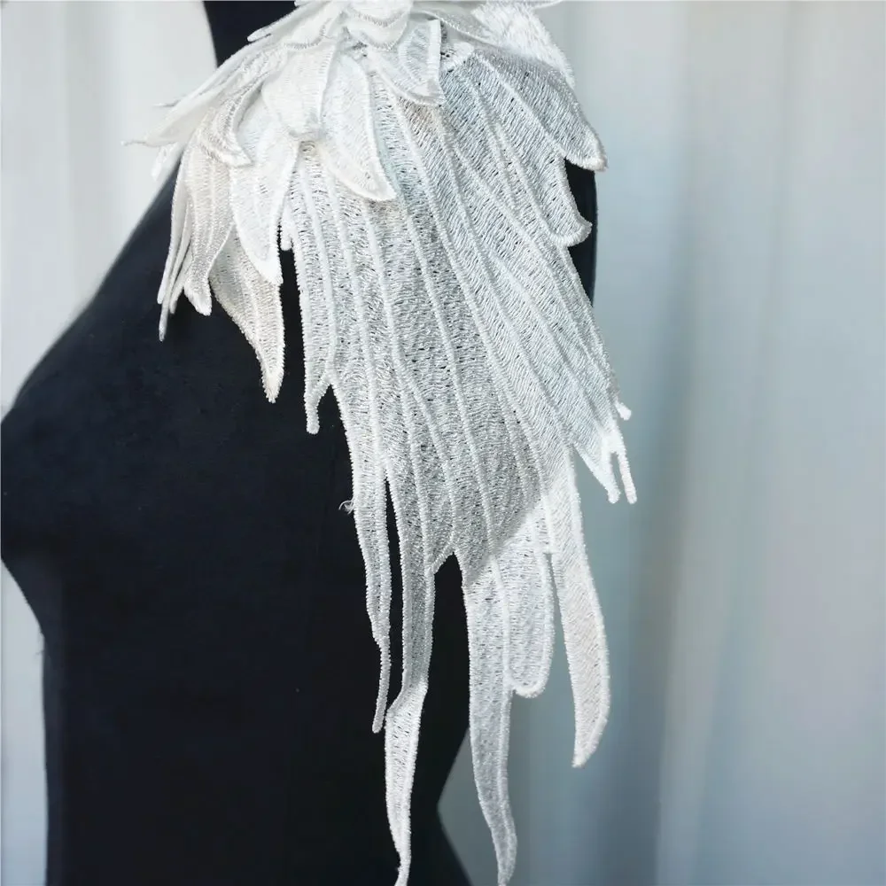 2PCS White Feather Wings Fabric Embroidery Gown Appliques Collar Sew On Patches For Wedding Decoration Dress DIY