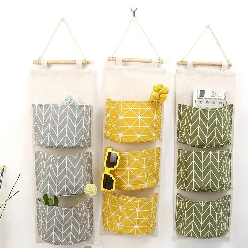 Cotton Linen Pattern Hanging Storage Bag 3 Pockets Wall Mounted Wardrobe Hang Bags Wall Pouch Cosmetic Toys Organizer 1PC Hot