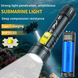 New XHP70 Diving Flashlight IPX8 Waterproof Digital Charging Case Dual-Use Underwater Land High-Intensity Flashlight