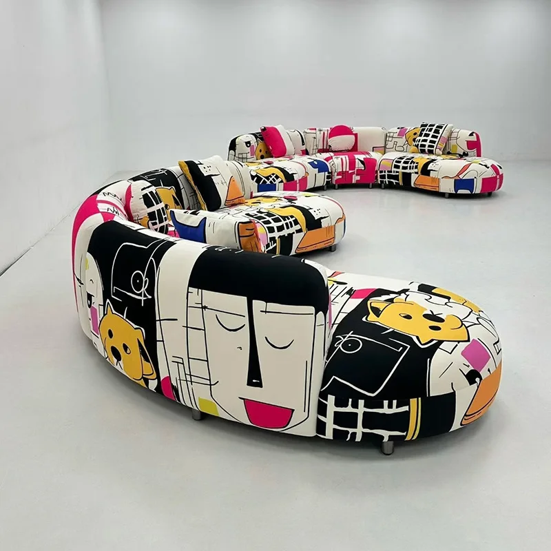 Curved Fabric Sofa Villa Large Flat Floor Living Room Personalized Graffiti Sofa