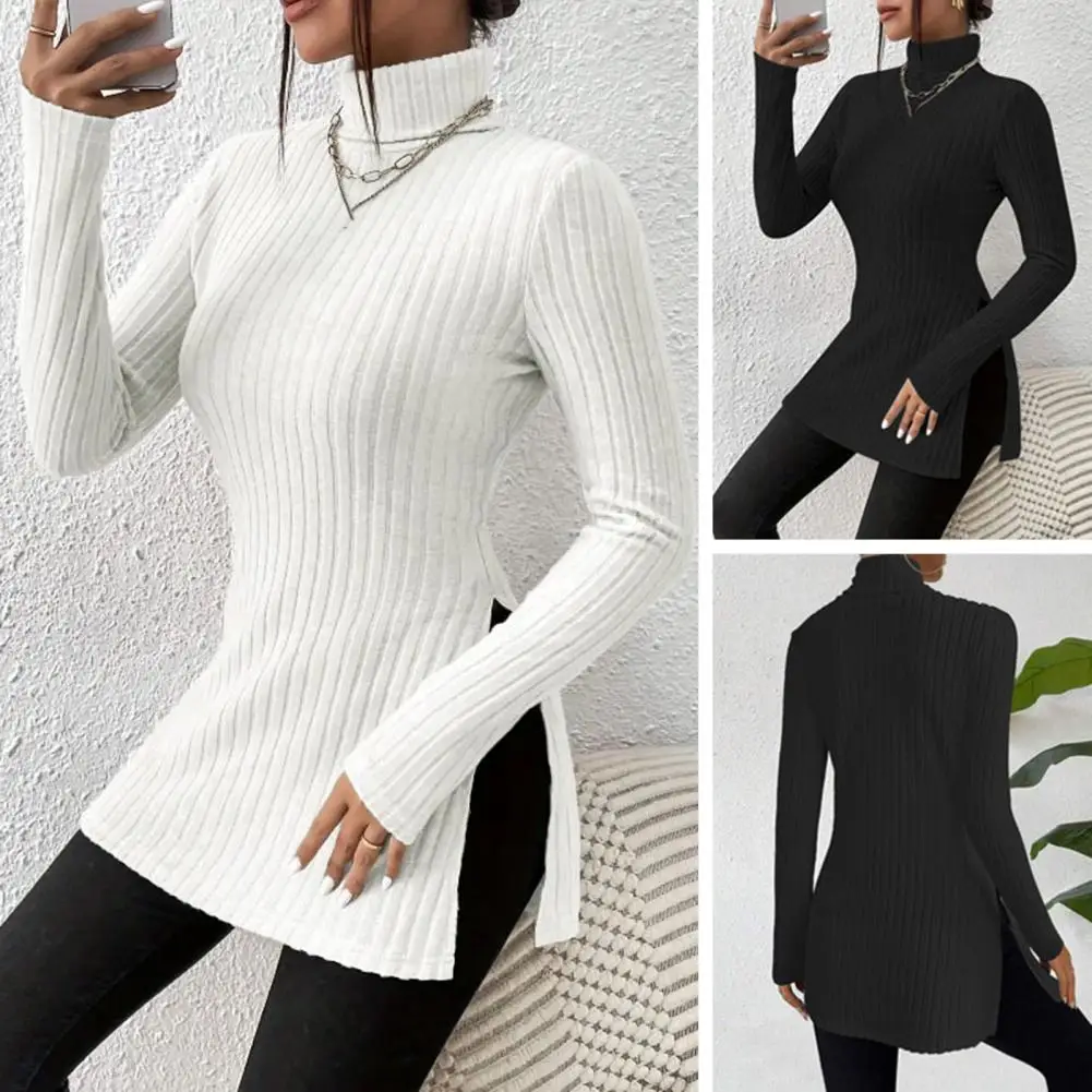 Women Knitting Tops High Collar Long Sleeve Slim Fit Sweater Tops Mid-length Side Split Design Solid Color Ribbed Tops Blouse