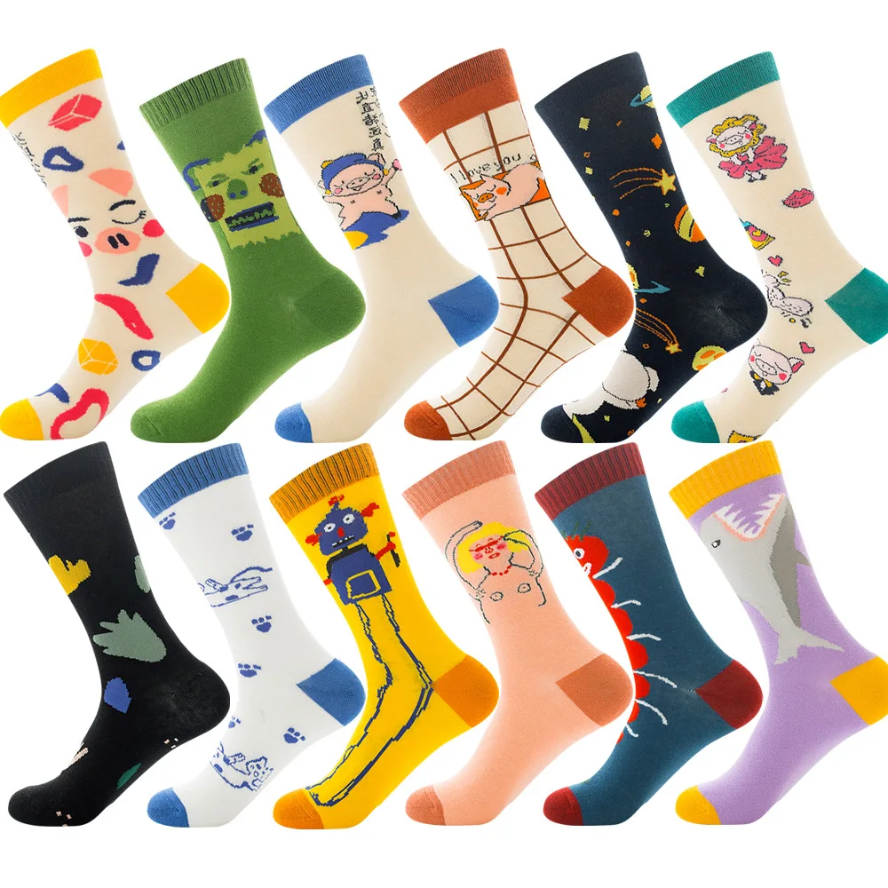 Unisex Colorful Fashion Socks Autumn And Winter Popular Cartoon Space Robot Pattern Men Socks Funny Cute Cat Shark Women Socks