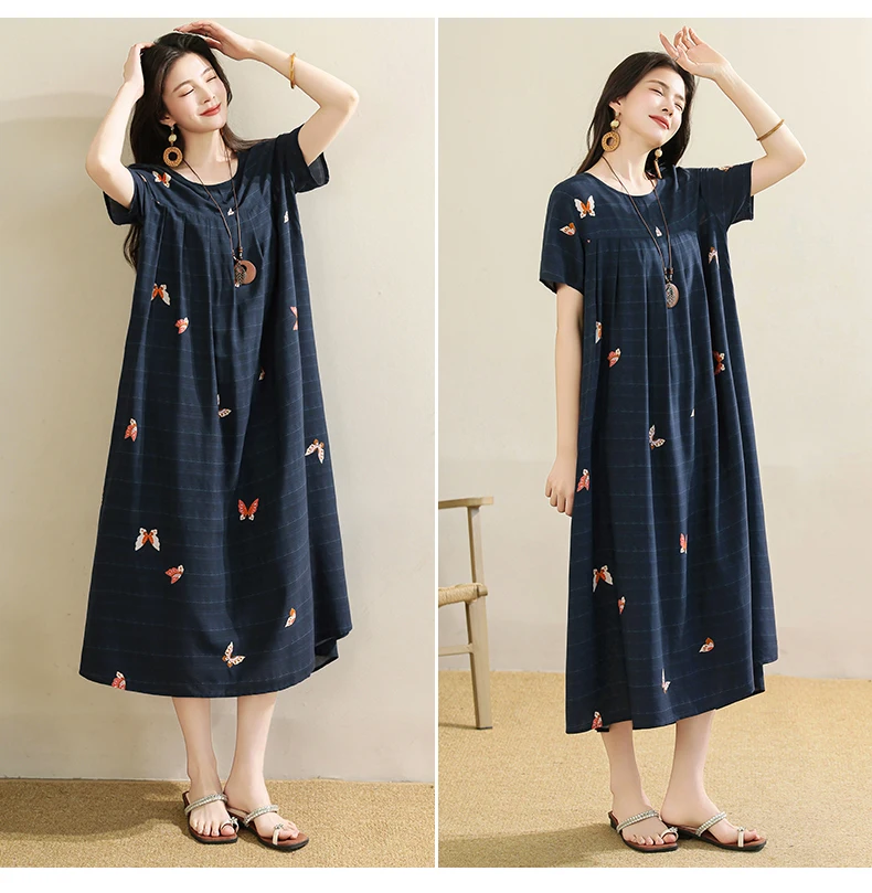 New 2025 Summer Dress For Women Plus Size Dress Casual Short Sleeve Boho Vintage Print Long Maxi Dress Beach Women Clothing