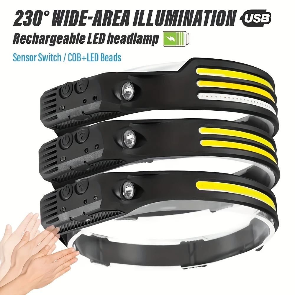 

Induction Headlamp COB LED Sensor Head Lamp Built-in Battery Flashlight USB Rechargeable Head Torch 5 Lighting Modes Headlight