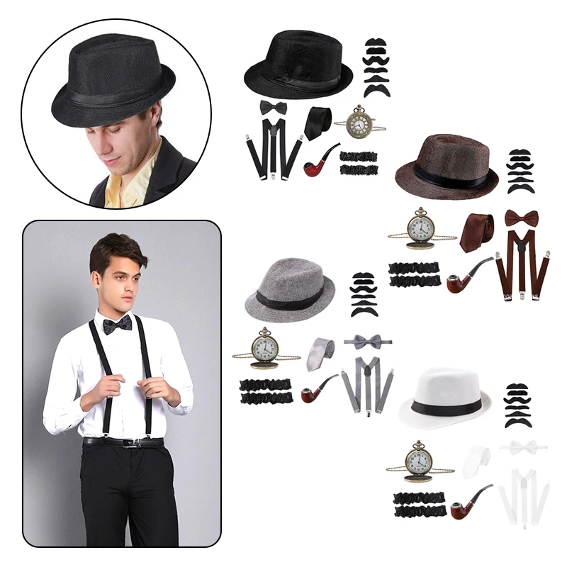 Retro Cosplay Gangster Set para homens, adereços de festa, boinas, charuto, suspensão, relógio de bolso, Gatsby, acessórios para fantasias, 1920S, 20S