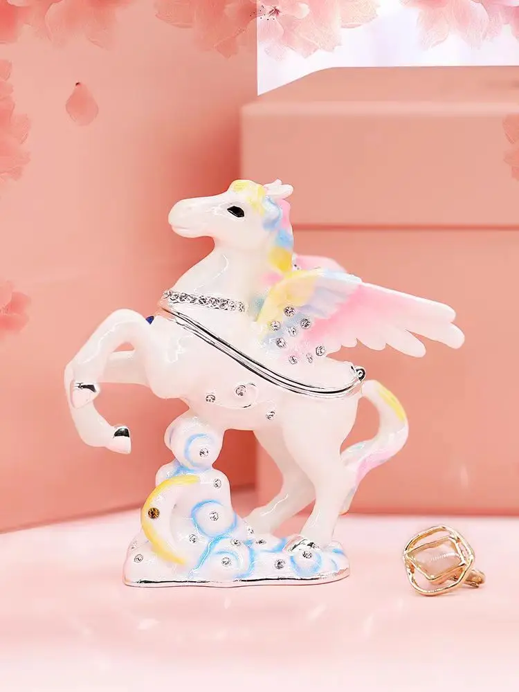 Hand Painted Enameled Jeweled Angel Horse Unicorn Figurines Trinket Box Ring Holder Hinged Jewelry Collectible Craft