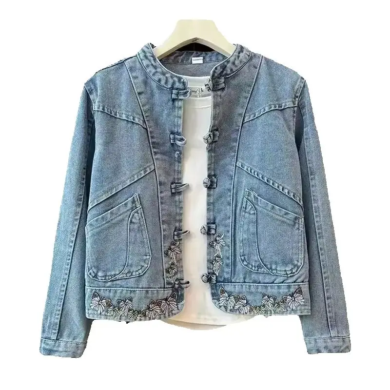 2025 Spring Autumn New Fashion Denim Jacket Women Casual Jeans Coat Female Embroidery Buckle Design Cowboy Ladies Overcoat Tops