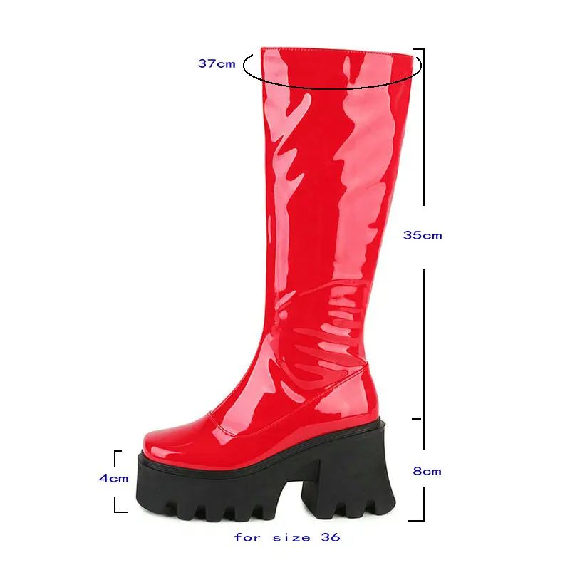 Black Red White Women Knee High Boots Platform Square High Heel Ladies Calf Boots Patent PU Leather Side Zipper Winter Boots