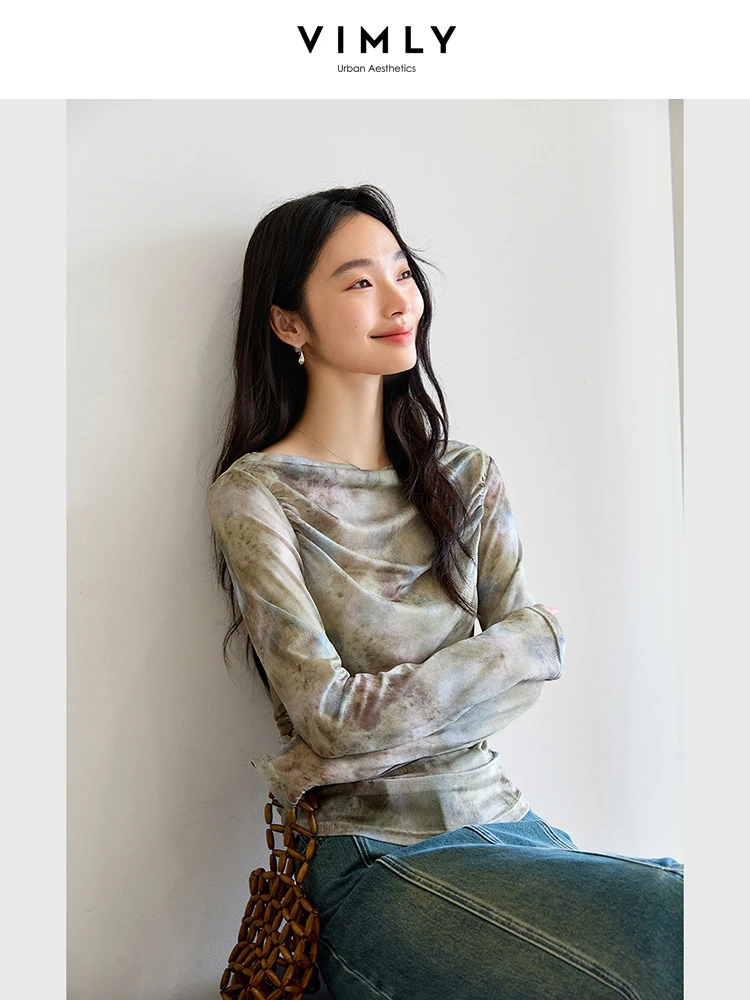 

VIMLY Women's Printed Mesh T-shirt Ladies Elegant Tops 2025 Fashion Slim-fit Long Sleeve Tee Shirt for Woman Clothing A0085
