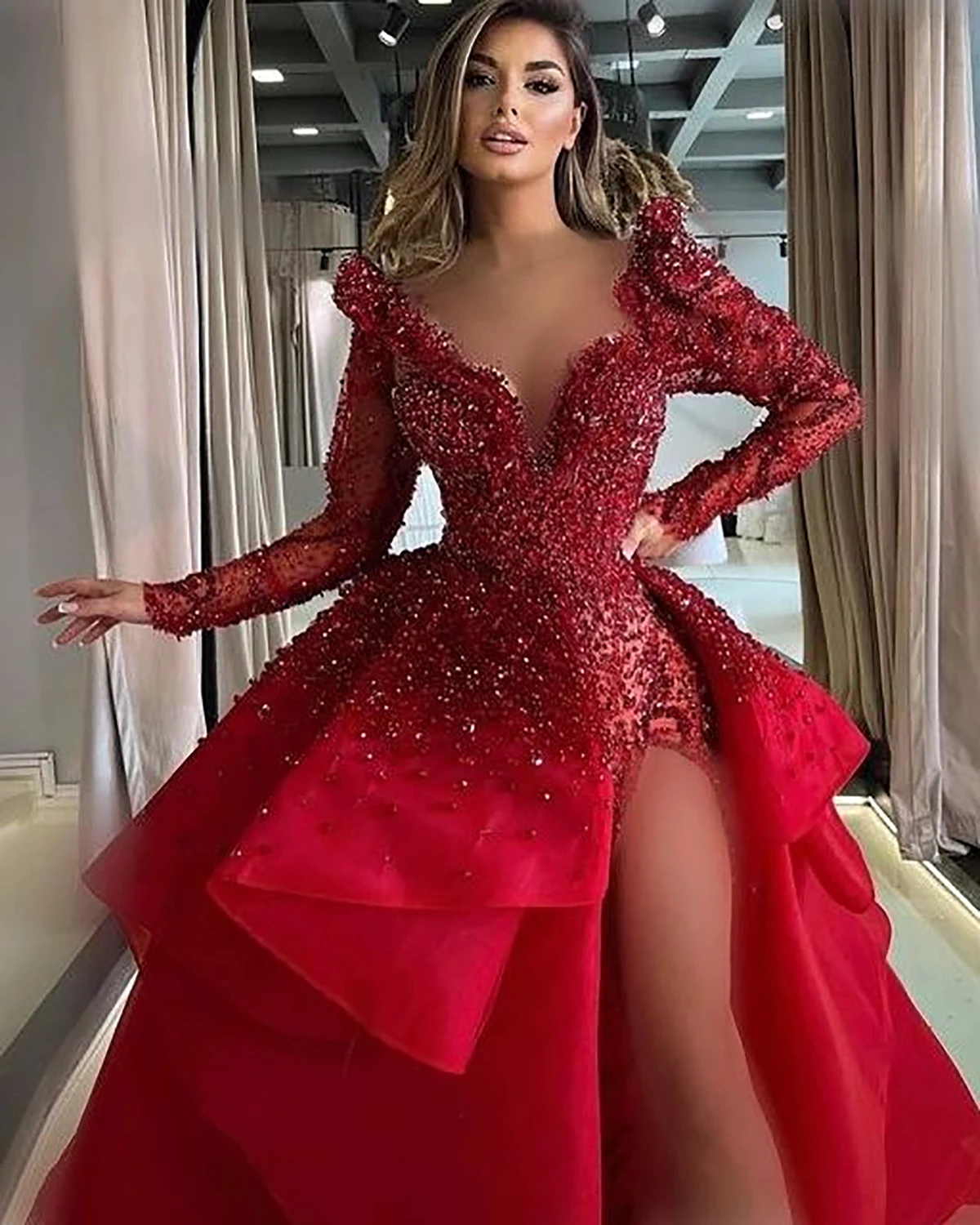 Charming Red Mermaid Wedding Dress Sequins Beading Bridal Gowns With Detachable Train Custom Made Vestidos De Novia Sirena