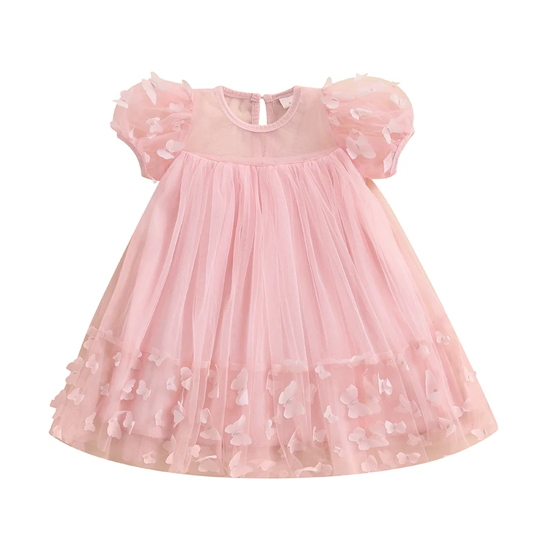 3-8Y Kid Girl Tulle Dress 3D Butterfly Short Sleeve Square Neck Mesh A-Line Dress for Spring Summer