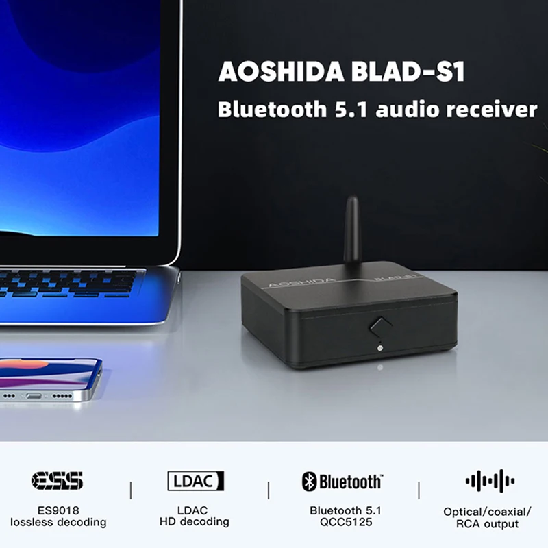 AOSHIDA BLAD-S1 USB C Radiateur Médailles Audio Récepteur Bluetooth 5.1 QCC5125 ES9018 assis AC HD Sans Perte Décodage OPTIQUE/COAXIAL/RCA Sortie