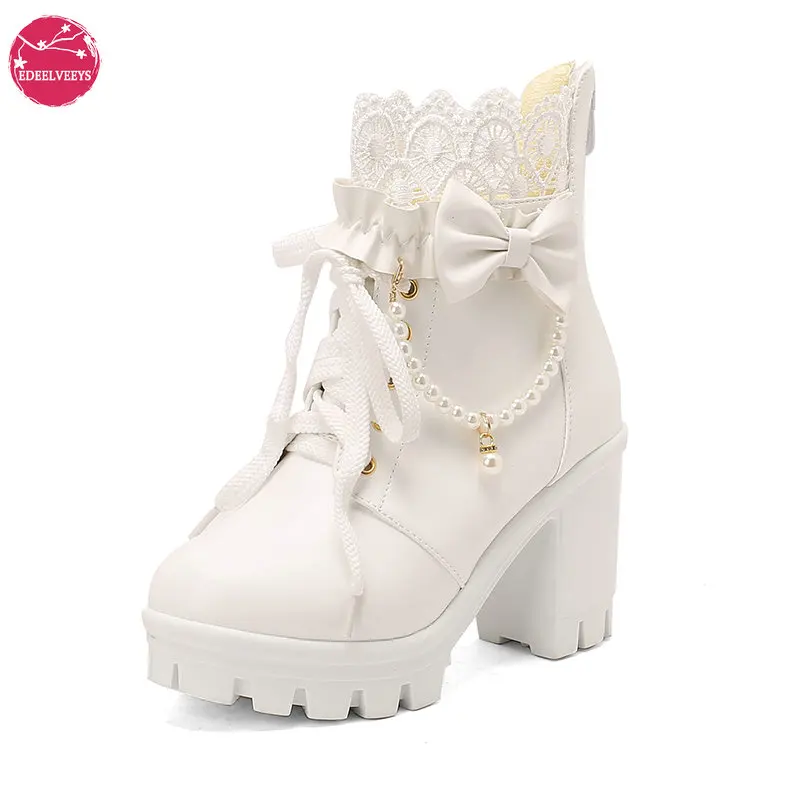 

Women's Platform Ankle Boots with Lace Pearl Chain Bow Gorgeous Comfortable Chunky 9cm High Heel Goth Combat Boots Back Zipper