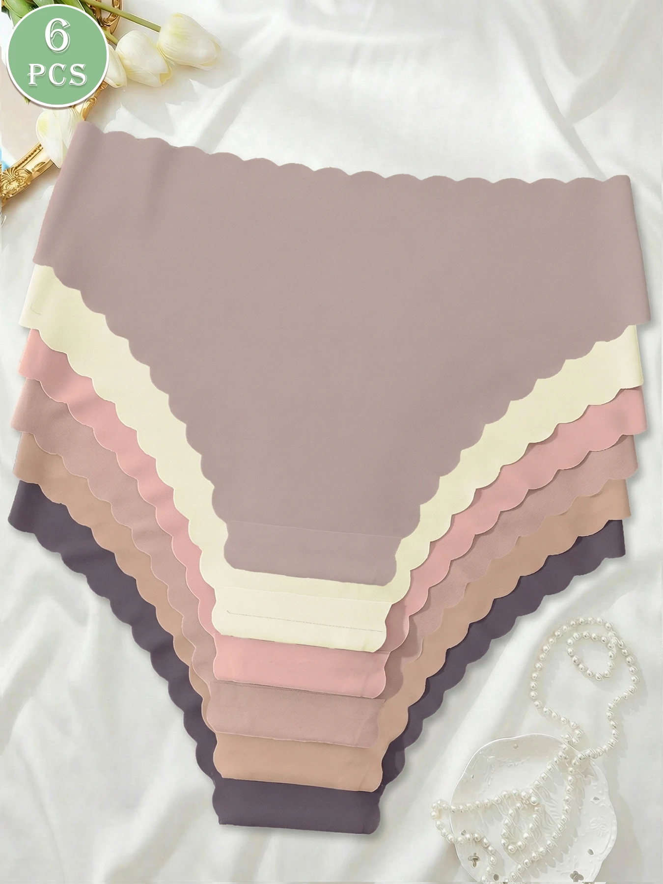 6-Piece Set of Women's Solid Color Underwear with Wavy Lace, Smooth, Seamless, Comfortable, Breathable and Quick Drying
