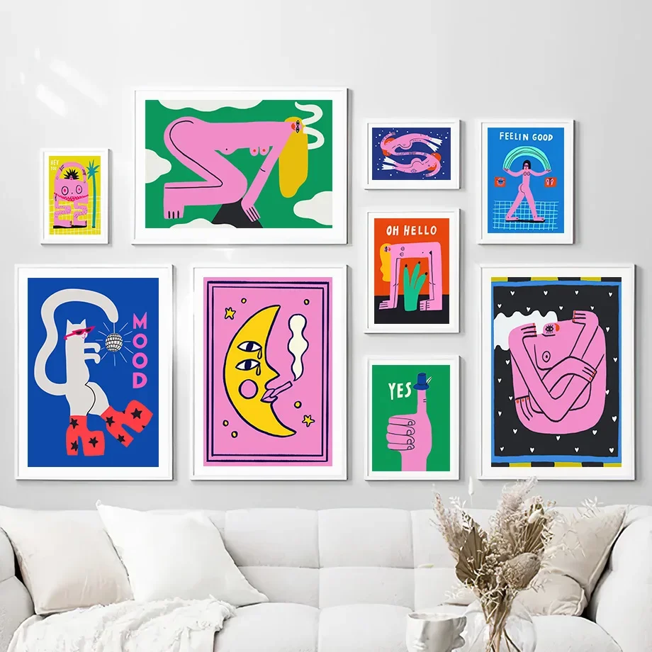 Cartoon Cat Mood Pisces Aries Poster Print Abstract Body Moon Lady Wall Art Canvas Painting Nordic Pictures Living Room Decor