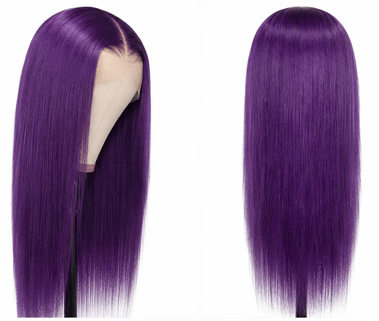 5x5 Glueless Purple Straight Human Hair Wig 200% Transparent Lace Closure Wigs Pre Plucked Colored Lace Front Wig for Women