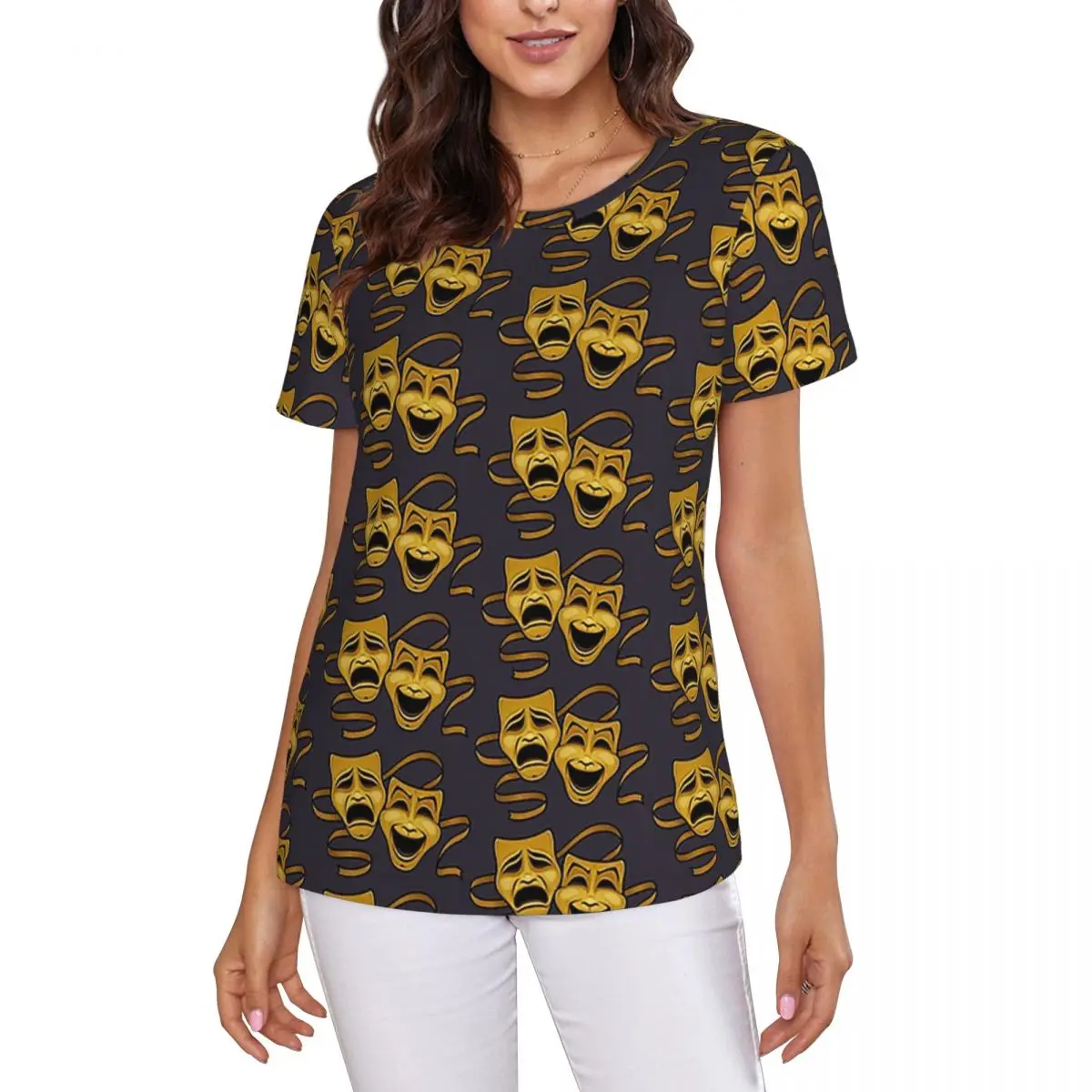Gold Comedy And Tragedy Theater Masks T-Shirt Women Short Sleeve T Shirts Round Neck Clothes Cotton Summer Tees Streetwear