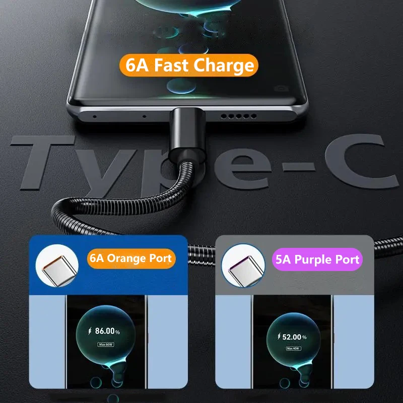 66W 6A Type C Charge Data Cable Spring Metal Braided For Xiaomi 12Pro  K60 Samsung S6 S7 Huawei P40 P60 Android Phone USB C Cord