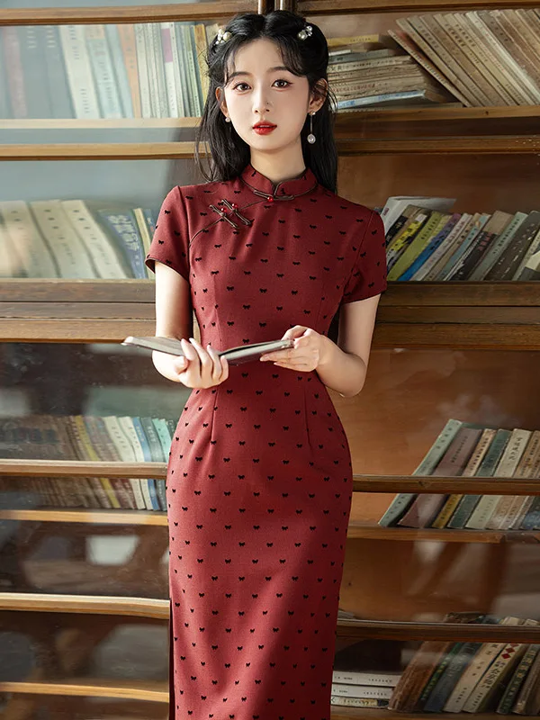 

Красное улучшенное ретро-ципао средней длины для женщин в китайском стиле, для повседневной носки летом