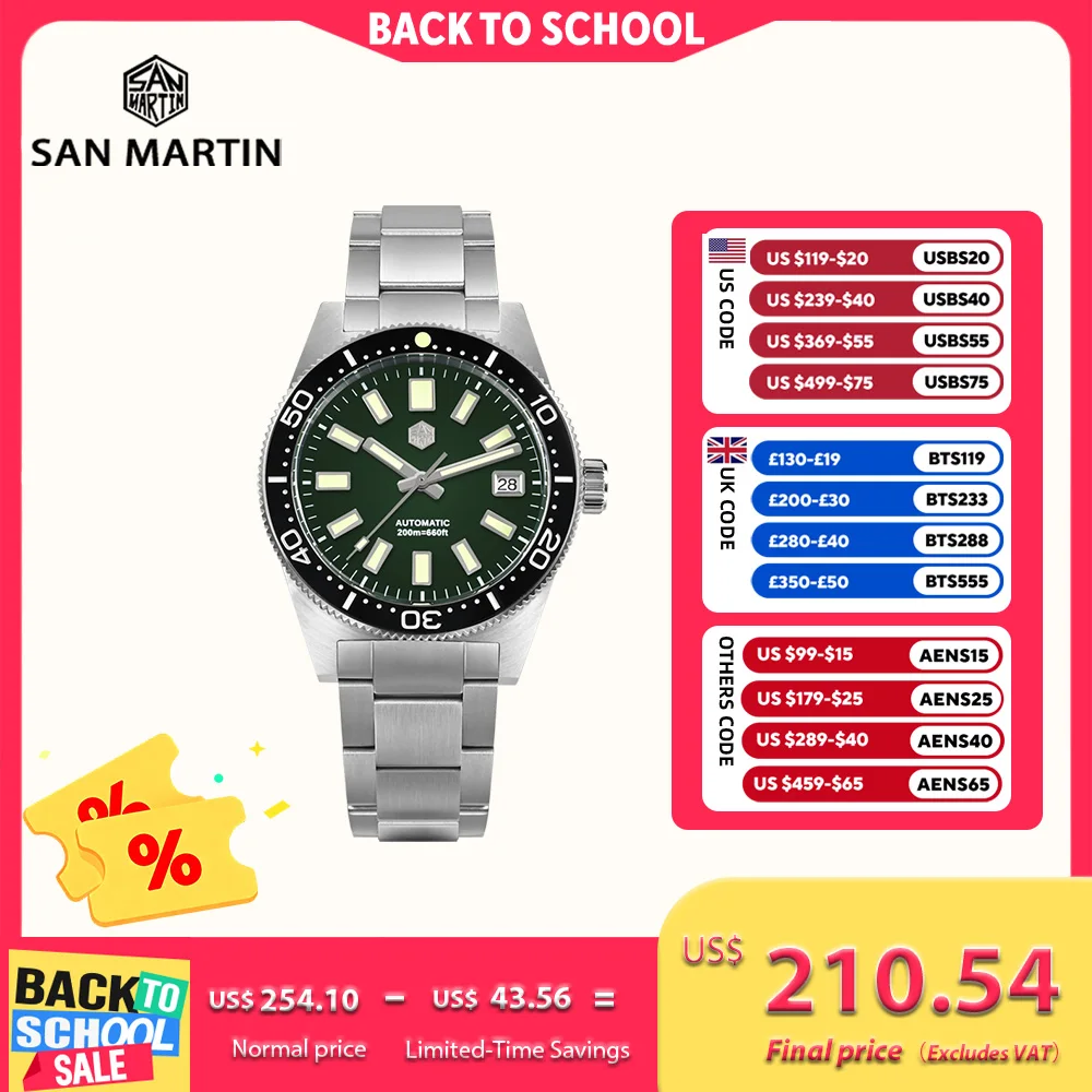 San Martin 39mm 62mas NH35 Automatikuhr Herren Wasserdichte Armbanduhr Datum 20Bar Armband Tropical FKM Kautschukarmband Lume SN0007B