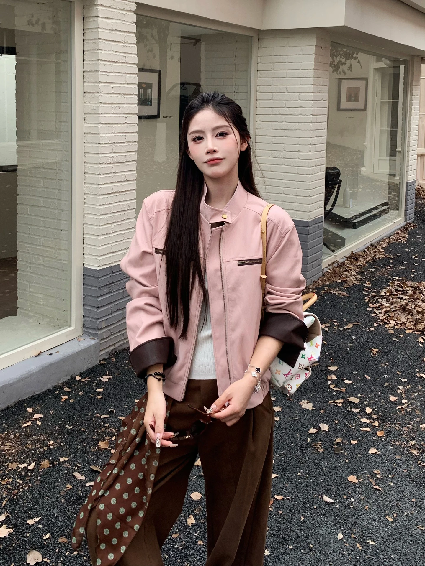 

Loose Women's Pink Leather Jaet Korean Sle Retro Color Blo Design Autumn Winter New Arrival er Stand Fit ort Coat