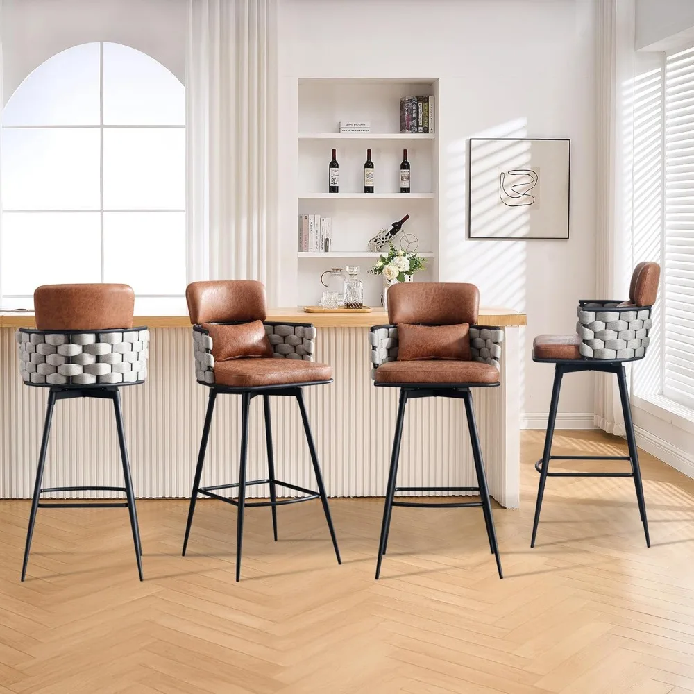 

Набор из 4 вращающихся барных стульев, сотканных вручную со спинкой и подставкой для ног, современные мягкие стулья середины века.